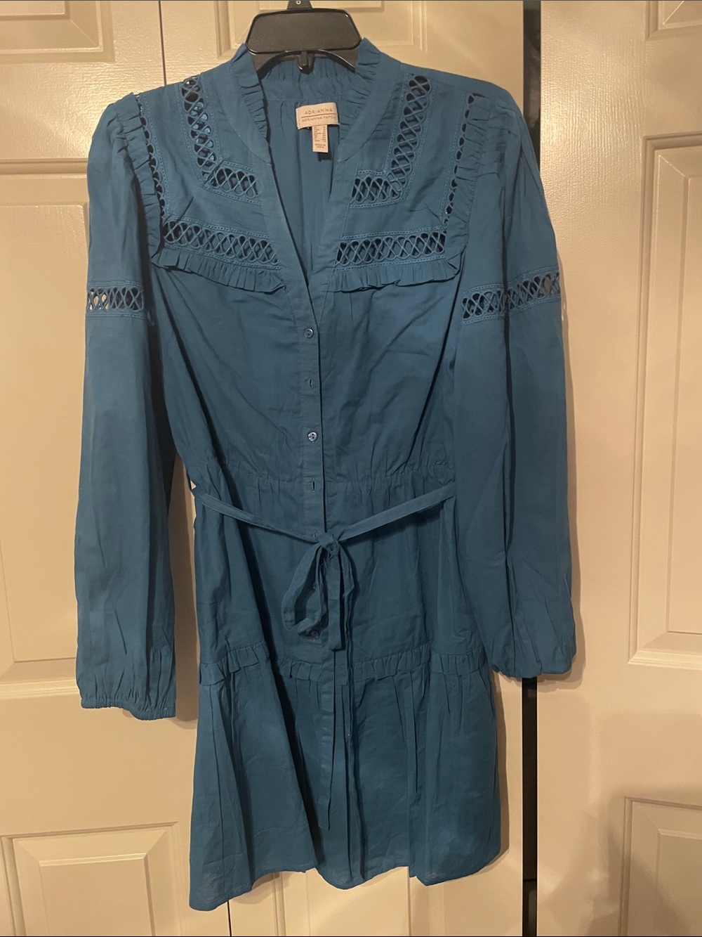 Adrianna Papell Teal Blue Long-Sleeve Eyelet Dress